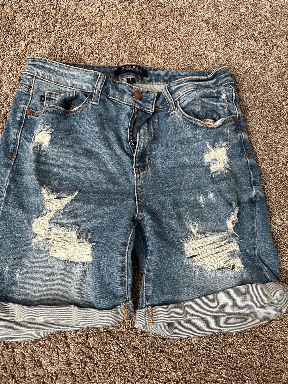 Judy Blue Distressed Rolled Cuff Denim Bermuda Shorts - Blue